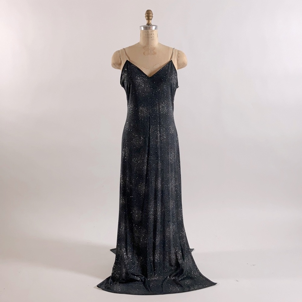 Jump Juniors Evening Gown foil print with Rhinestone straps and side vents